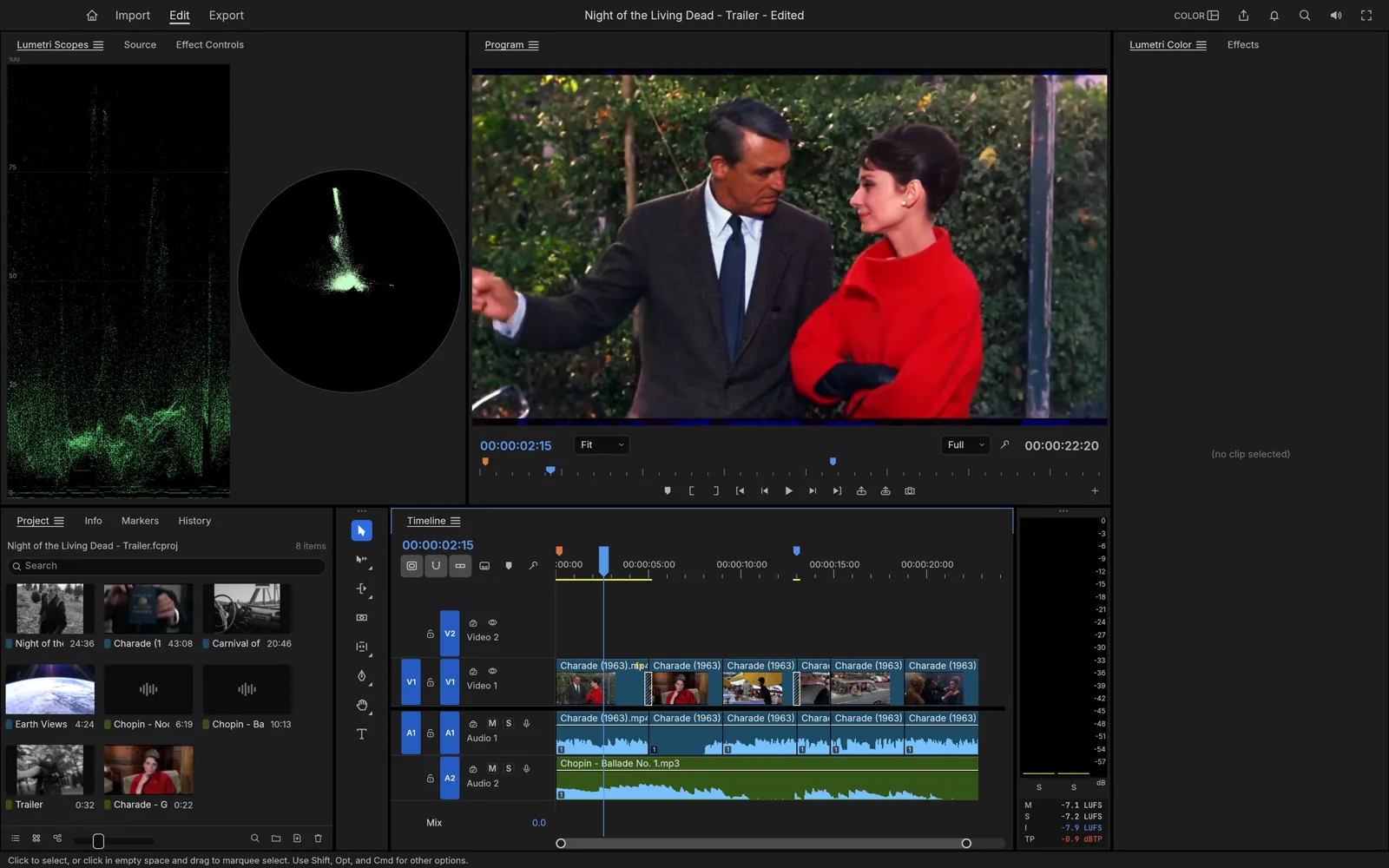FilmCraft com scopes de vídeo, o monitor de programa exibindo o filme Charada (1963) e uma timeline multi-track