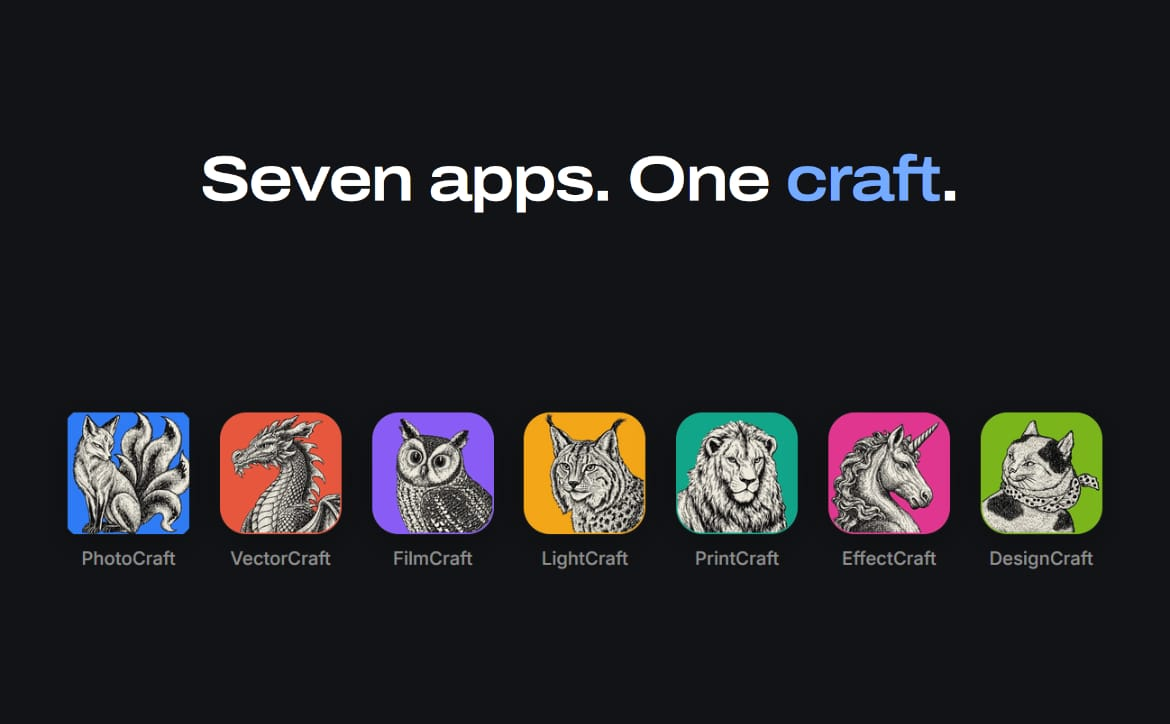 Lineup de apps do ArtCraft, cada um com um ícone de animal e o nome em estilo "Craft"